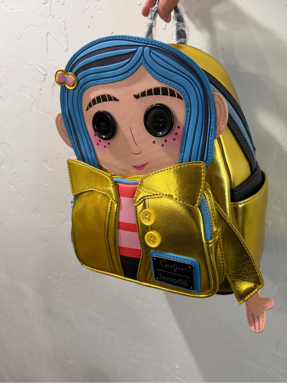 Loungefly Metallic Gold Coraline Mini Backpack with Blue Hair - Picture 3 of 4